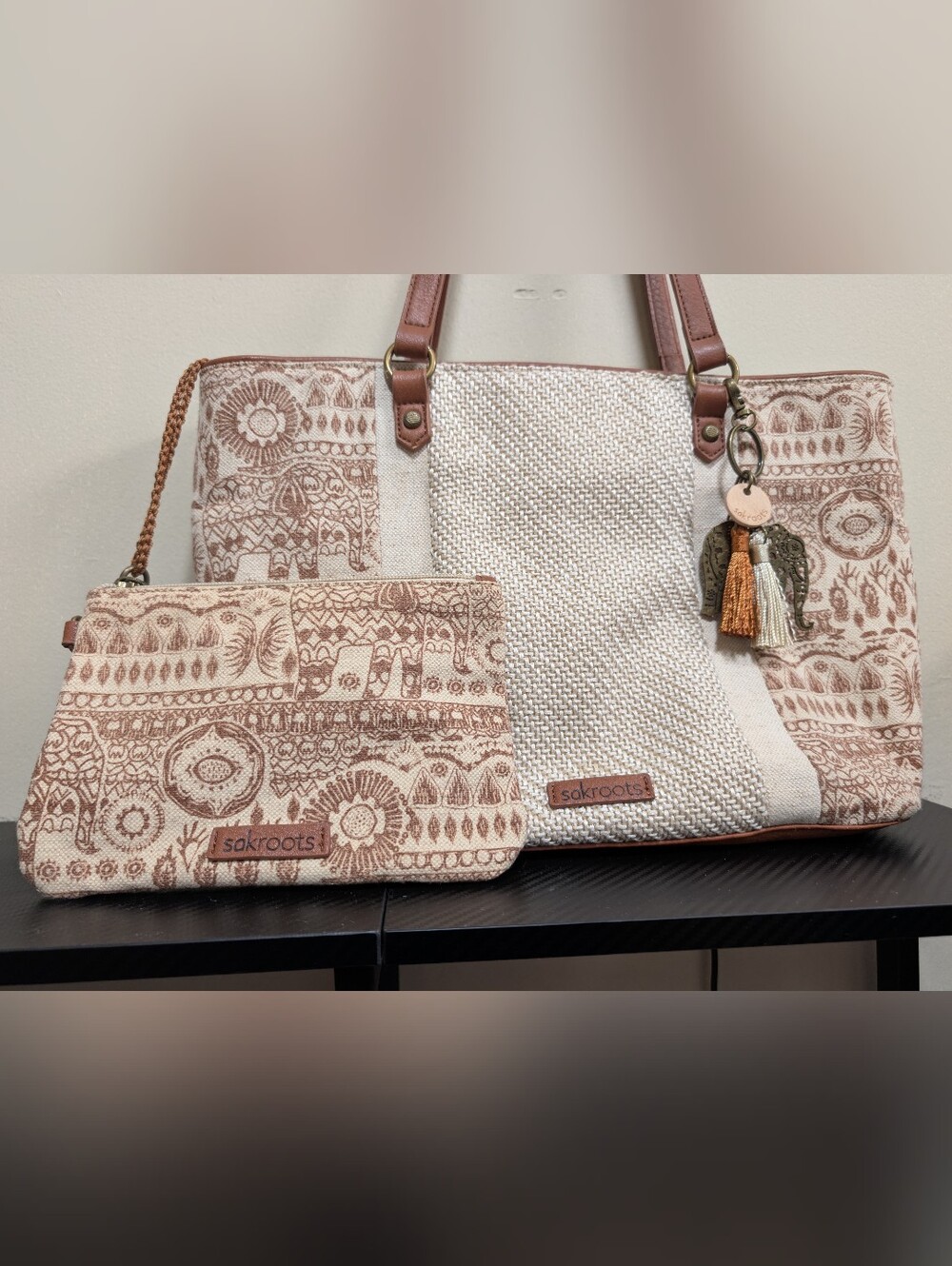 Sakroots Boho Elephant Woven Canvas Tote Bag & Matching Pouch Set